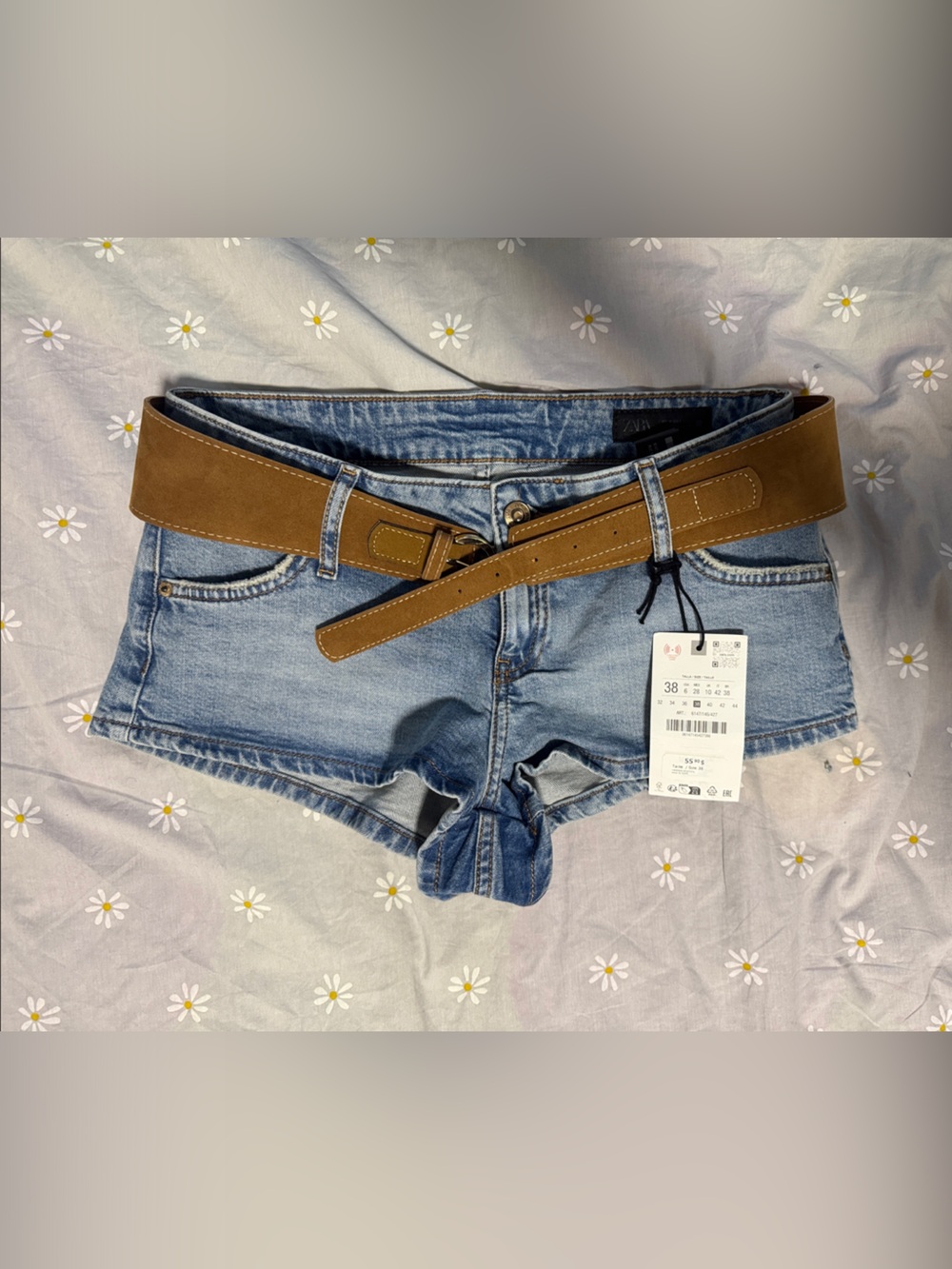 Zara Light Blue Denim Jean Shorts with Brown Belt
